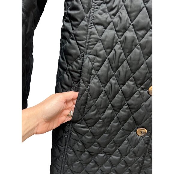 L.L. Bean Vintage 90's Long Black Quilted Barn Chore Car Coat with Plaid Interio - Picture 5 of 7